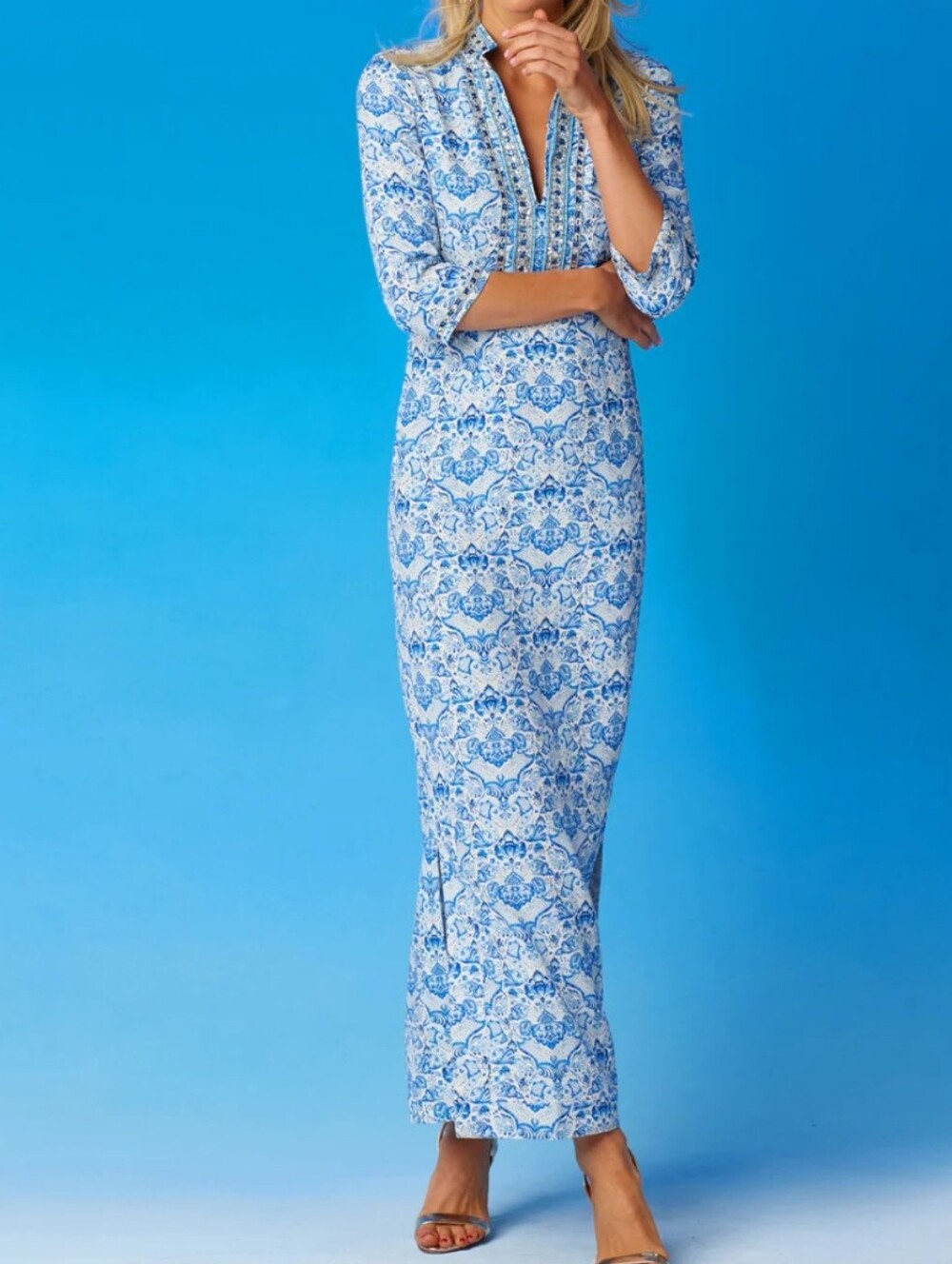 Nicoblu Blue Paisley Maxi Dress with Beaded Placket